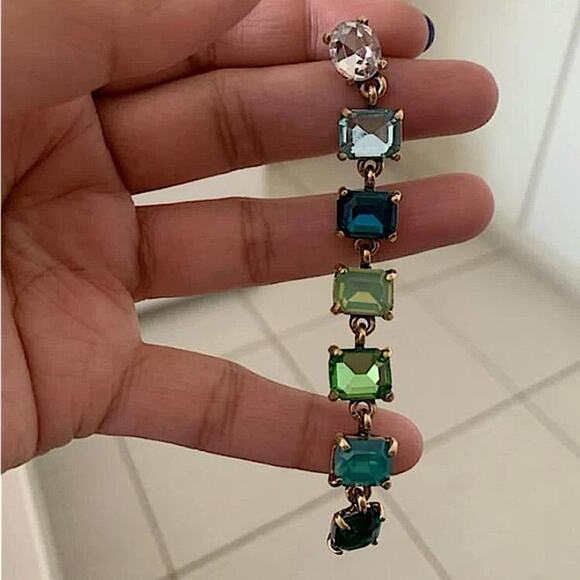 Antique Gold Emerald Cut Crystal Opal Sapphire Aquamarine Tassel Drop Earrings - Picture 8 of 12